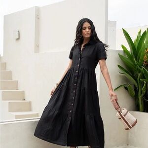 Black Buttoned Mini Sundress with Mandarin Collar